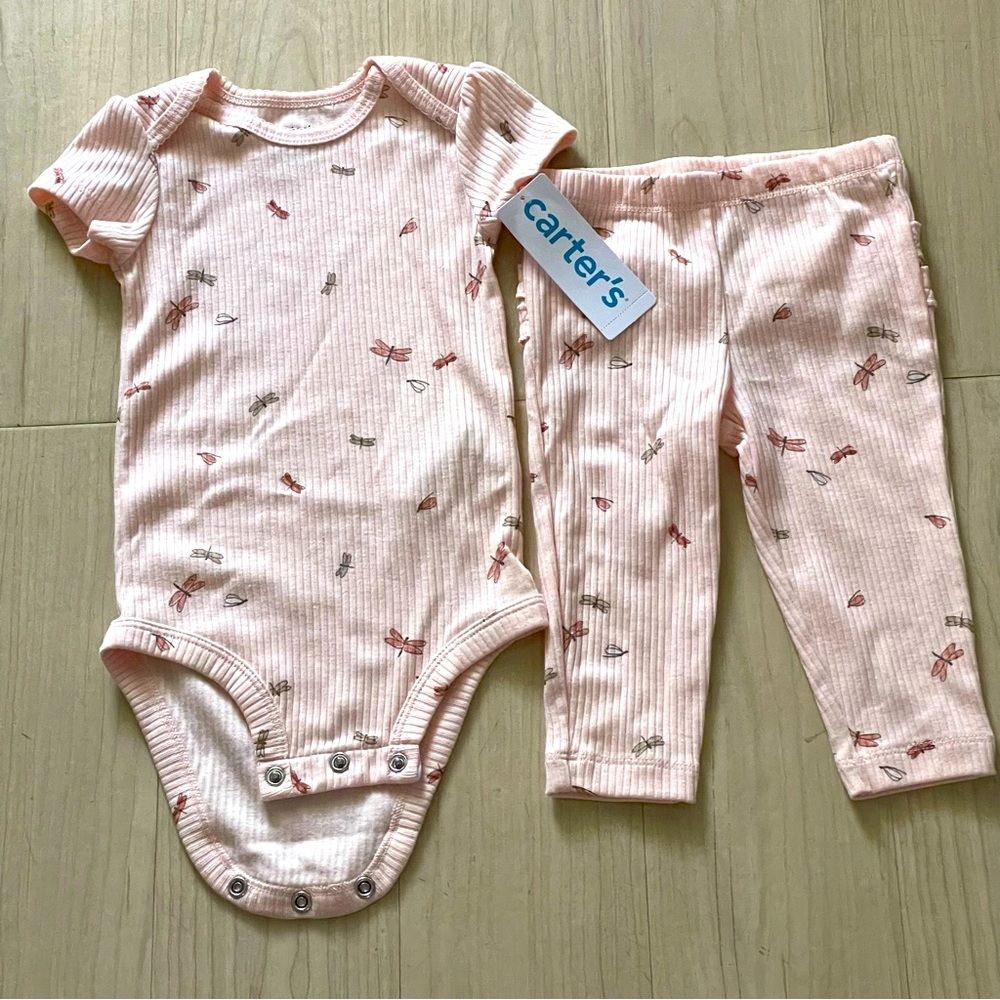 NWT Carter's Light Pink 2 Pieces 6 M Baby Outfit Butterfly / Dragonfly Accents
